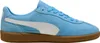 A side view of a blue Puma sneaker with a white stripe and a brown sole. Produktbild-Vorschau