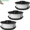 Three identical spools for a grass trimmer are arranged diagonally on a white background. A small graphic with a person mowing a lawn and the text 'gartenteile' is in the top left corner. Produktbild-Vorschau