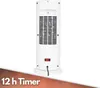 The back of a white tower heater with a red switch and a power cord. A brown overlay at the bottom displays text. Podgląd zdjęcia produktu