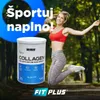 A woman is jumping in the air outdoors, with a product container in the foreground. Produktbild-Vorschau