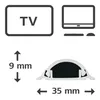 Diagrams showing dimensions and representations of a TV and computer setup, along with a cross-section of a cable channel. Podgląd zdjęcia produktu