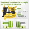 Diagram illustrating the dual mesh technology of a juicer, showing juice flow and filter sizes, with two glasses of juice and cucumbers. Podgląd zdjęcia produktu