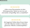 Two customer reviews with star ratings are displayed on a light green background. Produktbild-Vorschau