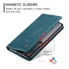 A teal flip phone case is shown open, revealing a smartphone inside. Text overlays describe the magnetic closure and a built-in magnet. Produktbild-Vorschau