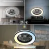 Collage of images showing a ceiling fan with integrated LED lighting in different settings and lighting conditions. Produktbild-Vorschau