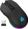 A black wireless gaming mouse with RGB lighting and a USB receiver. Produktbild-Vorschau