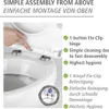 A close-up view of a toilet seat hinge mechanism with text highlighting its features. Produktbild-Vorschau