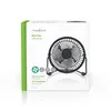 The image shows the retail packaging of a small black desk fan, with the product visible through a cutout in the box. Produktbild-Vorschau
