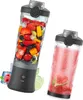 Two portable blenders are shown, one filled with fruit and ice, the other with a smoothie. Voir les images du produit