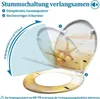 A toilet seat lid is shown in two positions, illustrating its slow-closing mechanism. The lid features a beach scene with starfish. Text and diagrams explain the features. Produktbild-Vorschau
