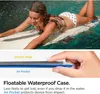 A woman is lying on a surfboard in the water, with a waterproof case on the board. Below, a hand is holding a phone case, highlighting its features. Podgląd zdjęcia produktu