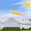A white gazebo is set up on a grassy lawn under a bright blue sky with a sun and rays indicating UV protection. There is a circular inset with text. Produktbild-Vorschau