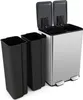 A stainless steel dual-compartment trash can with two black inner bins, shown with the lids open. Produktbild-Vorschau