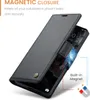 A black leather flip case for a smartphone, shown partially open to reveal the phone screen and a magnetic closure feature. Produktbild-Vorschau
