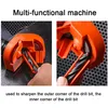 A collage of two images showing a drill bit being sharpened by an orange multi-functional machine. Podgląd zdjęcia produktu