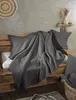 A cozy living room scene with a wooden pallet sofa adorned with a gray blanket and pillows. Produktbild-Vorschau
