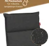 Close-up of a dark gray cushion with water droplets on it, indicating water resistance. Text overlay describes the product's features. Produktbild-Vorschau