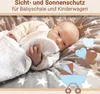 A newborn baby is lying on a star-patterned blanket, with decorative elements of hearts and a baby carriage. Produktbild-Vorschau