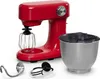 A red stand mixer with its accessories and bowl are displayed against a white background. Produktbild-Vorschau