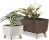 Two potted plants are displayed against a white background. The plant on the left is in a hexagonal gray pot with wooden legs. The plant on the right is in a rectangular brown planter with wooden legs. Produktbild-Vorschau