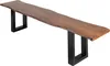 A long, narrow wooden bench with a live edge and black U-shaped legs, photographed against a white background. Produktbild-Vorschau