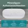 A white washbasin with text overlays describing its features. Produktbild-Vorschau