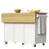 A kitchen cart with a wooden countertop and white cabinets, featuring a towel rack and fruit bowls on top. Produktbild-Vorschau
