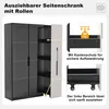 A product image showcasing a pull-out cabinet with various features highlighted through text and close-up insets. Produktbild-Vorschau