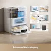A robotic vacuum cleaner base station with multiple transparent tanks and a robotic vacuum cleaner docked inside. Several inset images highlight the product's features. Produktbild-Vorschau