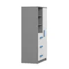 A product shot of a gray and white children's bookshelf with blue handles. Náhled obrázku produktu