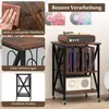 A collage of images showcasing a vinyl record storage cart with a turntable on top and a radio on the bottom shelf. The images highlight features like easy cleaning, sturdy construction, and the product's overall design. Produktbild-Vorschau