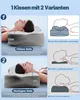 A collage of images showing a pillow with different height options and diagrams illustrating proper neck support. Produktbild-Vorschau