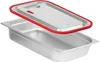 A stainless steel food pan with a red-rimmed lid. Produktbild-Vorschau