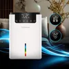 A white dehumidifier with a digital display and controls is shown in a room setting with soft furnishings and decorative elements. Blue light effects are overlaid on the bottom of the image. Produktbild-Vorschau
