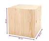 A wooden cube-shaped stand with dimensions indicated. Anteprima dell’immagine prodotto