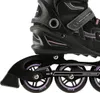 A close-up view of a black and purple inline skate. Voir les images du produit