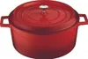 A red enameled cast iron pot with a lid and silver knob. Produktbild-Vorschau