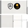 Two images of a retractable side awning. The top image shows the awning fully extended with icons indicating UV protection and sun protection. The bottom image shows the awning partially extended and retracted, with a diagram illustrating its movement. Anteprima dell’immagine prodotto