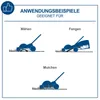 Illustrations showing different modes of operation for a lawnmower: mowing, catching grass clippings, and mulching. Produktbild-Vorschau