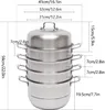 A multi-tiered stainless steel steamer pot with dimensions indicated by measurement lines and text. Podgląd zdjęcia produktu