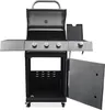 A gas grill with its lid and cabinet door open, shown from the front. Náhled obrázku produktu