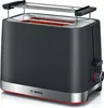 A studio shot of a black and silver Bosch toaster with a chrome warming rack on top. Voir les images du produit