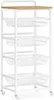 A white metal rolling cart with a wooden top and five mesh baskets, shown from a front-facing angle. Produktbild-Vorschau