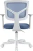 The back view of a blue and white children's desk chair with wheels. Produktbild-Vorschau