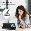A woman is looking down at a table, with a phone case displayed in the foreground and a diagram of the phone case's kickstand feature in the background. Produktbild-Vorschau