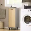 A laundry room scene with a washing machine, a tall cabinet, and a trash can. Produktbild-Vorschau