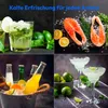 A collage of four images showing drinks and food, with text at the top. Produktbild-Vorschau