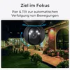 A security camera is shown mounted outdoors at night, with a building and garden in the background. Text describes its features. Produktbild-Vorschau