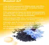 A yellow background with text and an image of black cumin seeds, a blue flower, and oil droplets. Produktbild-Vorschau