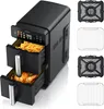 A black dual-chamber air fryer with one chamber filled with french fries and the other with a cooked chicken. Several accessories are displayed to the right of the air fryer. Produktbild-Vorschau